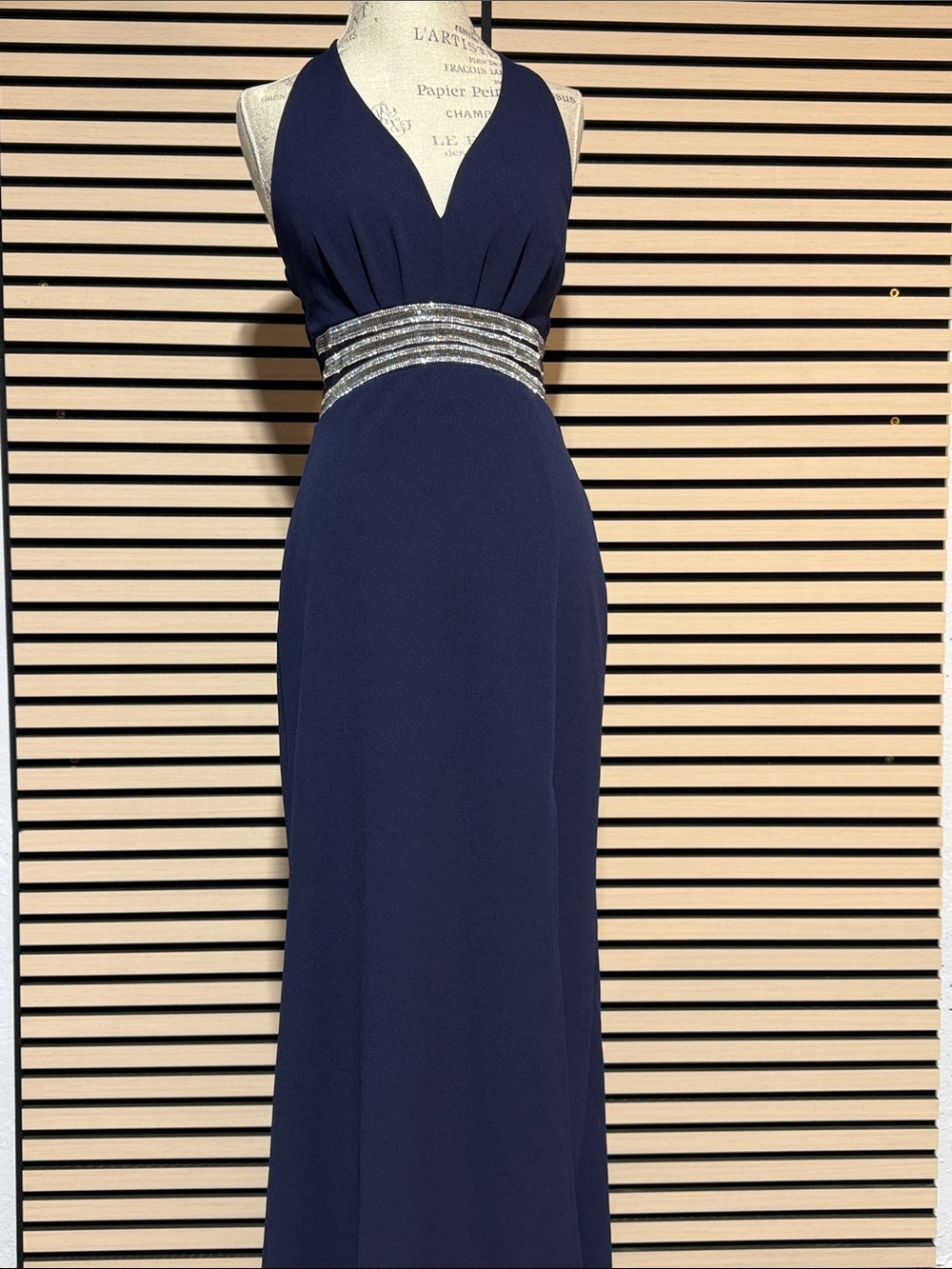 Speechless Navy Halter Gown with Silver Beaded Waistband